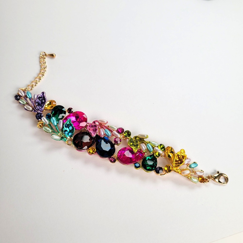 Multicolor Rainbow Rhinestones Floral Statement Bracelet Gold Tone Adjustable